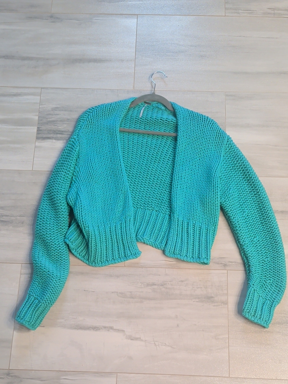 Free People Cropped Chunky Knit Cardigan - Aqua/Turquoise/Teal